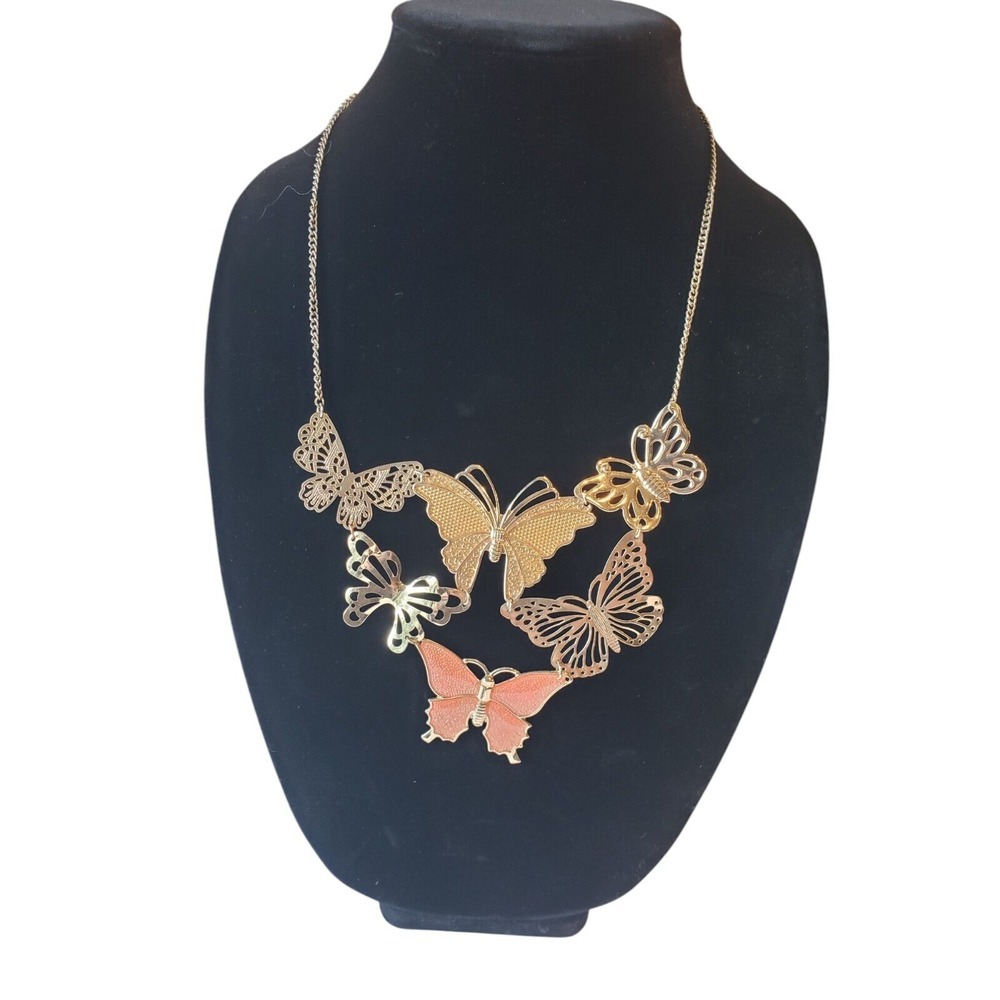 Butterfly Silver Tone Gold and Peach Bib Statement Fashion Necklace Fairycore